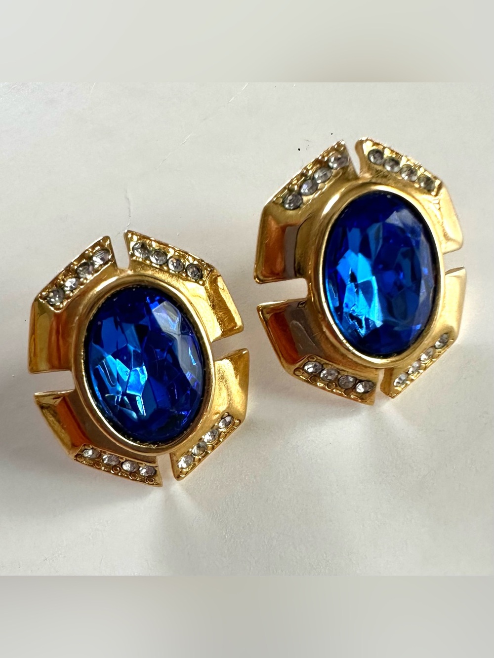 Monet Vintage Gold Tone Blue Stone Stud Statement 1” Earrings Pair Ear Jewelry